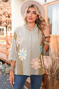 Green Flower Patched Exposed Seam 3/4 Sleeve top
