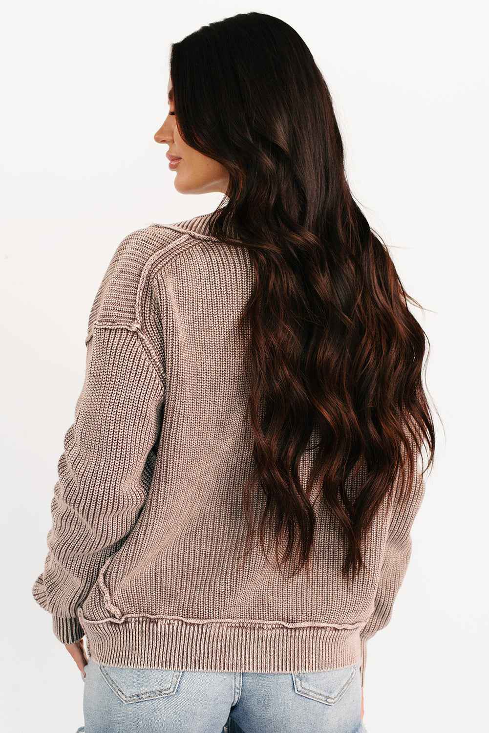 Chestnut Mineral Wash Exposed Seam Patchwork Knit Open Sweater Cardigan