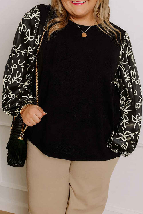 Black Bow Print Sleeve Patchwork Plus Size Blouse by Wild and Free Boutique