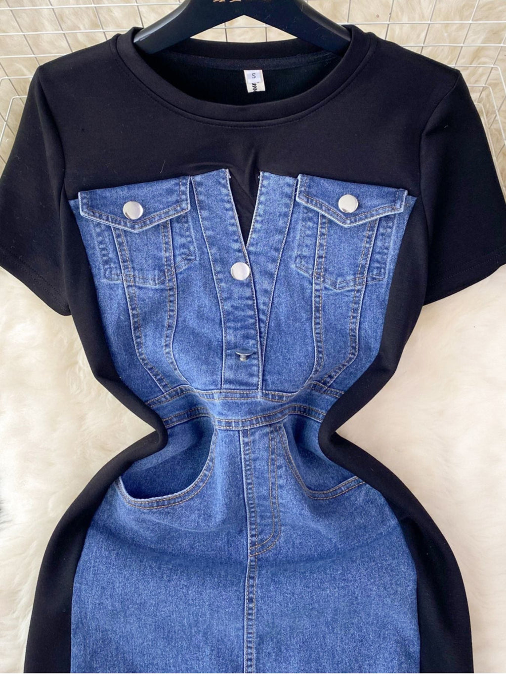 Full Size Denim Patchwork Short Sleeve Slit Back Dress Plus Size by Shopiebay
