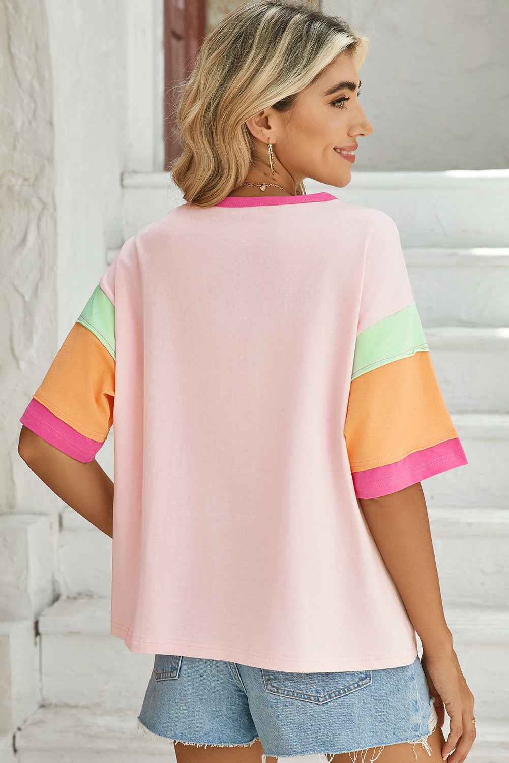 Pink Color Block Sleeve Round Neck Oversize Top