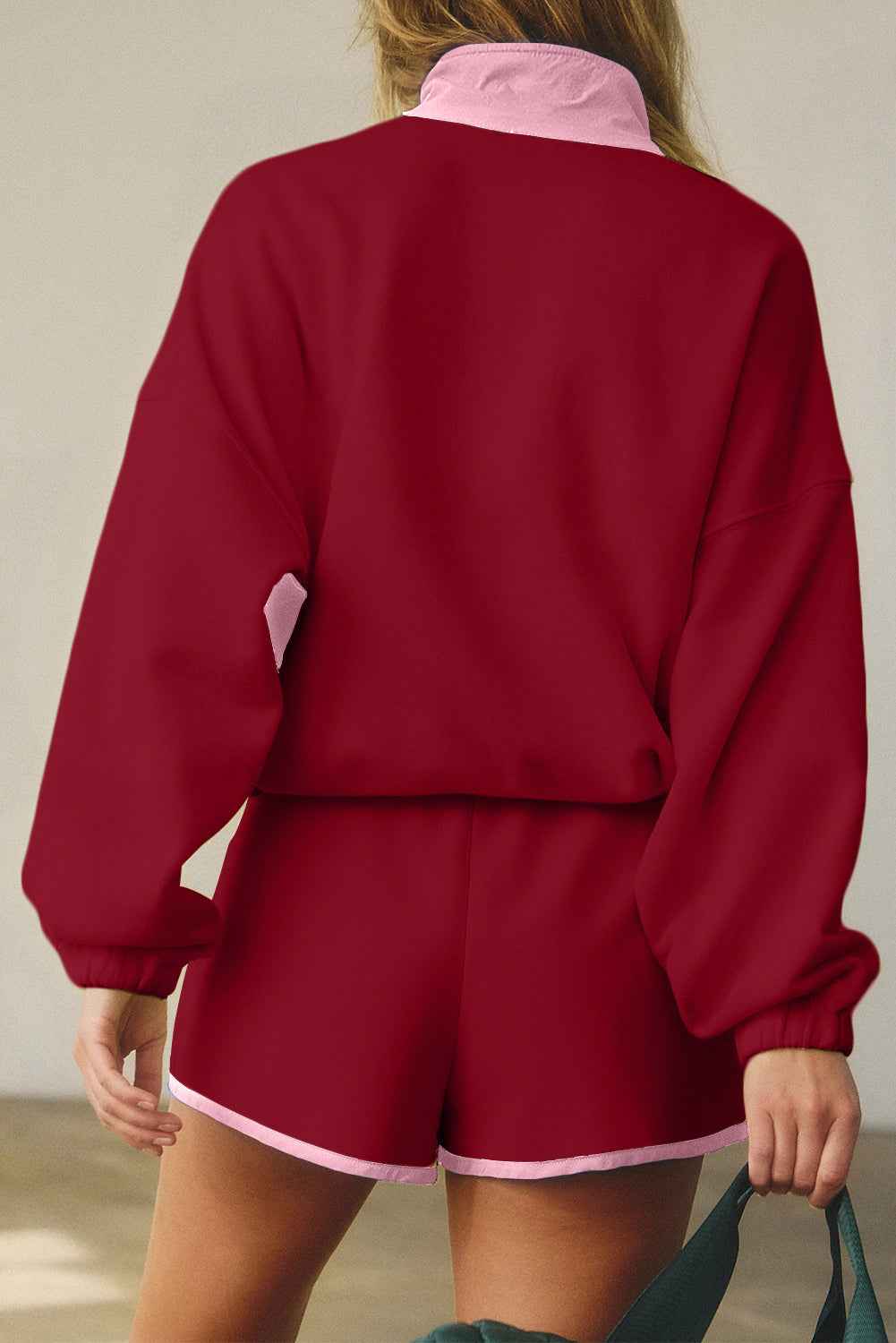 Red Dahlia Colorblock Patchwork Half Button Pullover and Shorts Outfit