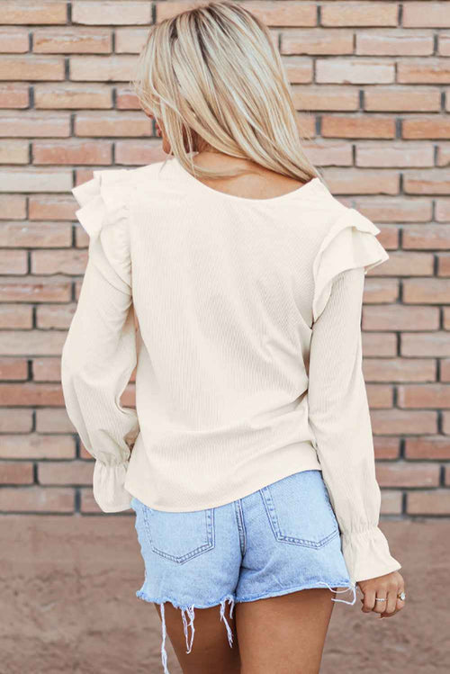 Beige Ruffled Flounce Sleeve Corduroy Blouse by Wild and Free Boutique