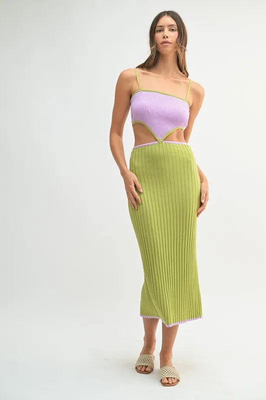 MABLE Ribbed Knit Color Block Cutout Midi Dress by Selvanelle
