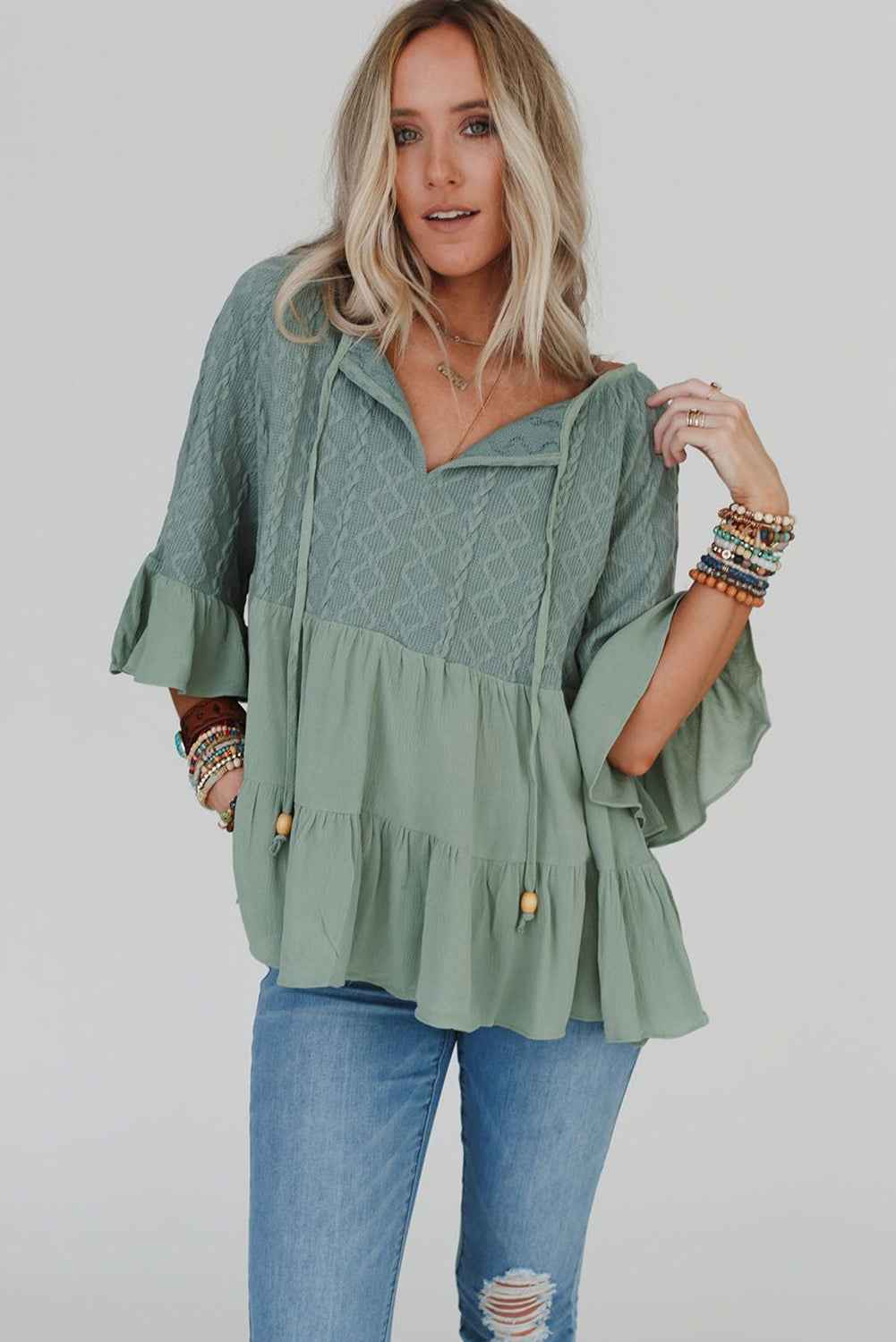 Laurel Green Tie Split Neck Textured Ruffle Patchwork Blouse