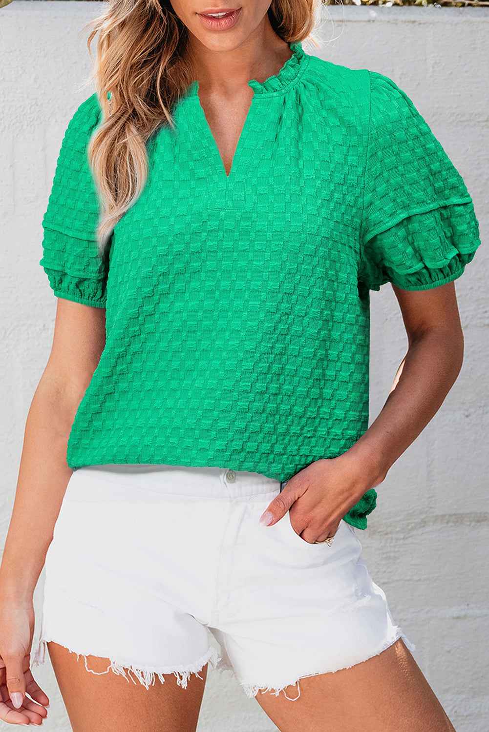 Bright Green Textured Puff Short Sleeve Notched V Neck Top