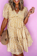 Yellow Floral Short Sleeve V Neck Frill Tiered Mini Dress