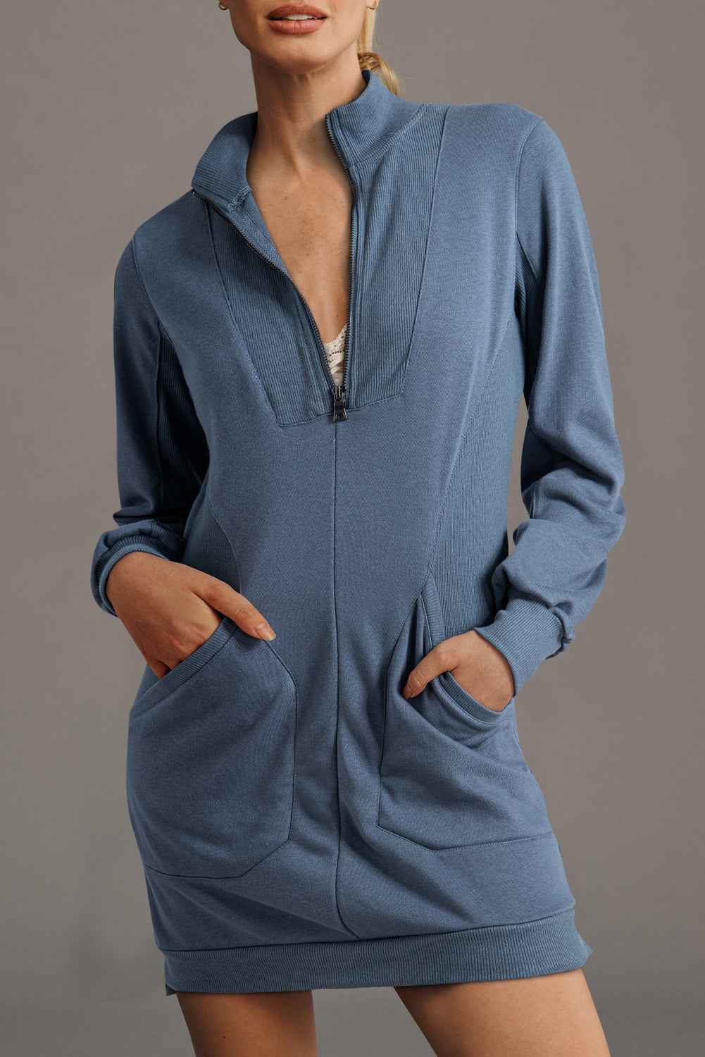 Dark Grey Zip up Collared Ribbed Patchwork Sweatshirt Dress with Pockets
