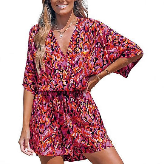 Women's V-neck Printed Lace-up Bat Jumpsuit