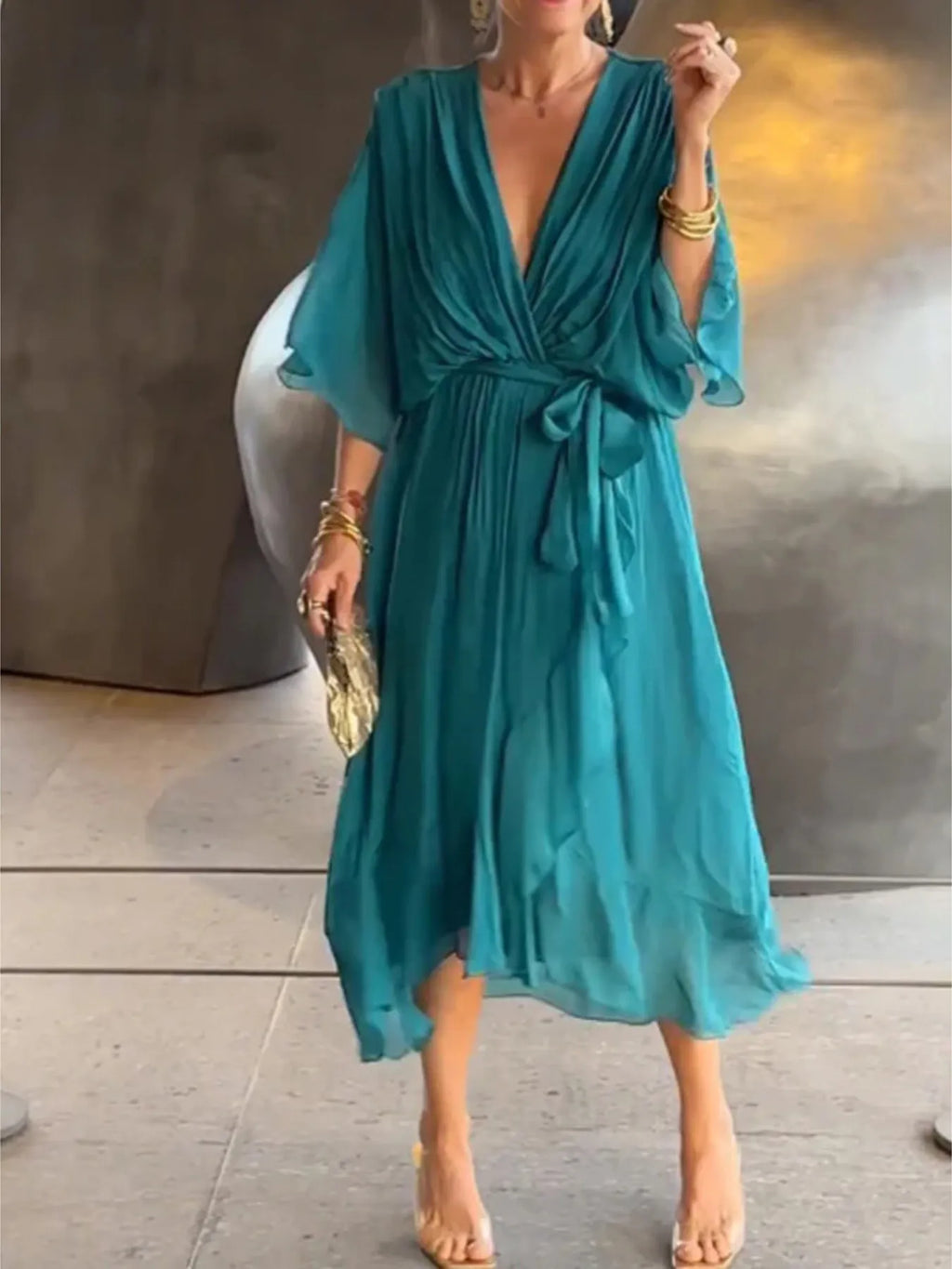 Flowy Tie Front Midi Dress with Flutter Sleeves by Shopiebay