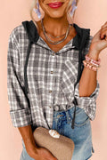 Black Checkered Print Loose Fit Buttoned Hooded Shacket