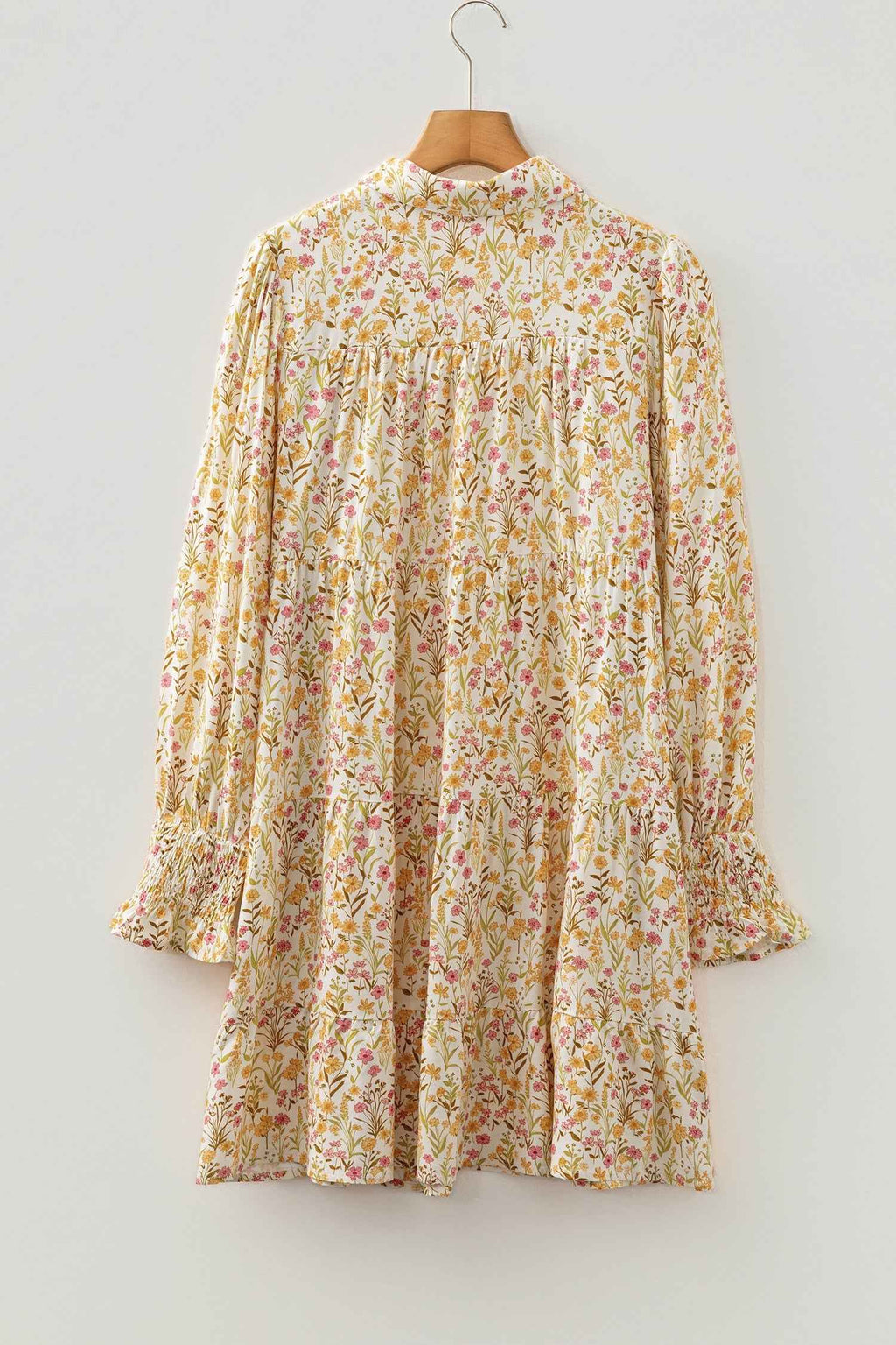 Yellow Floral Print Frilly Trim Smocked Cuff Long Sleeve Loose Shirt Dress