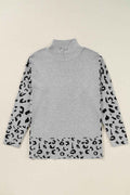 Gray Leopard High Neck Side Slit Oversized Sweater