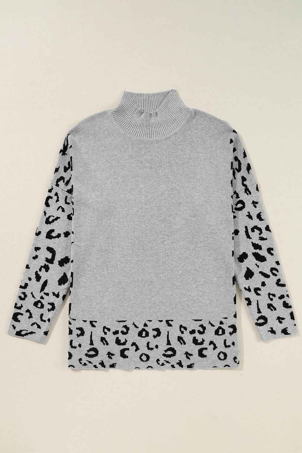 Gray Leopard High Neck Side Slit Oversized Sweater