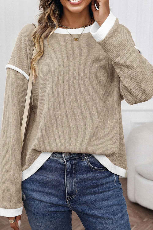 Beige Contrast Color Trim Knit Drop Shoulder Loose Top by Wild and Free Boutique