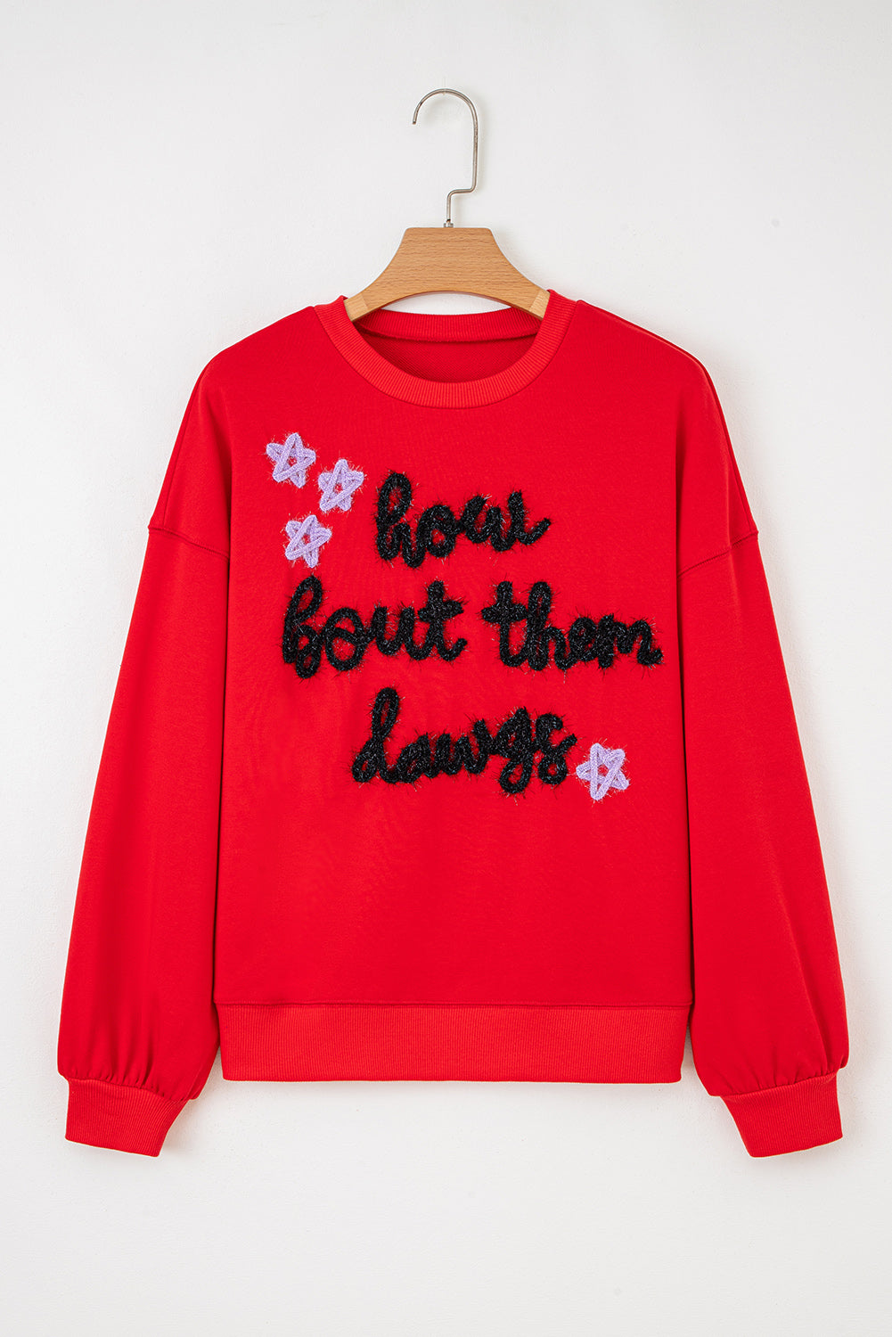 Fiery Red How Bout Them Dawgs Embroidered Script Balloon Sleeve Sweatshirt by Wild and Free Boutique