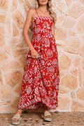 Red Floral Print Spaghetti Strap Empire Waist Maxi Dress
