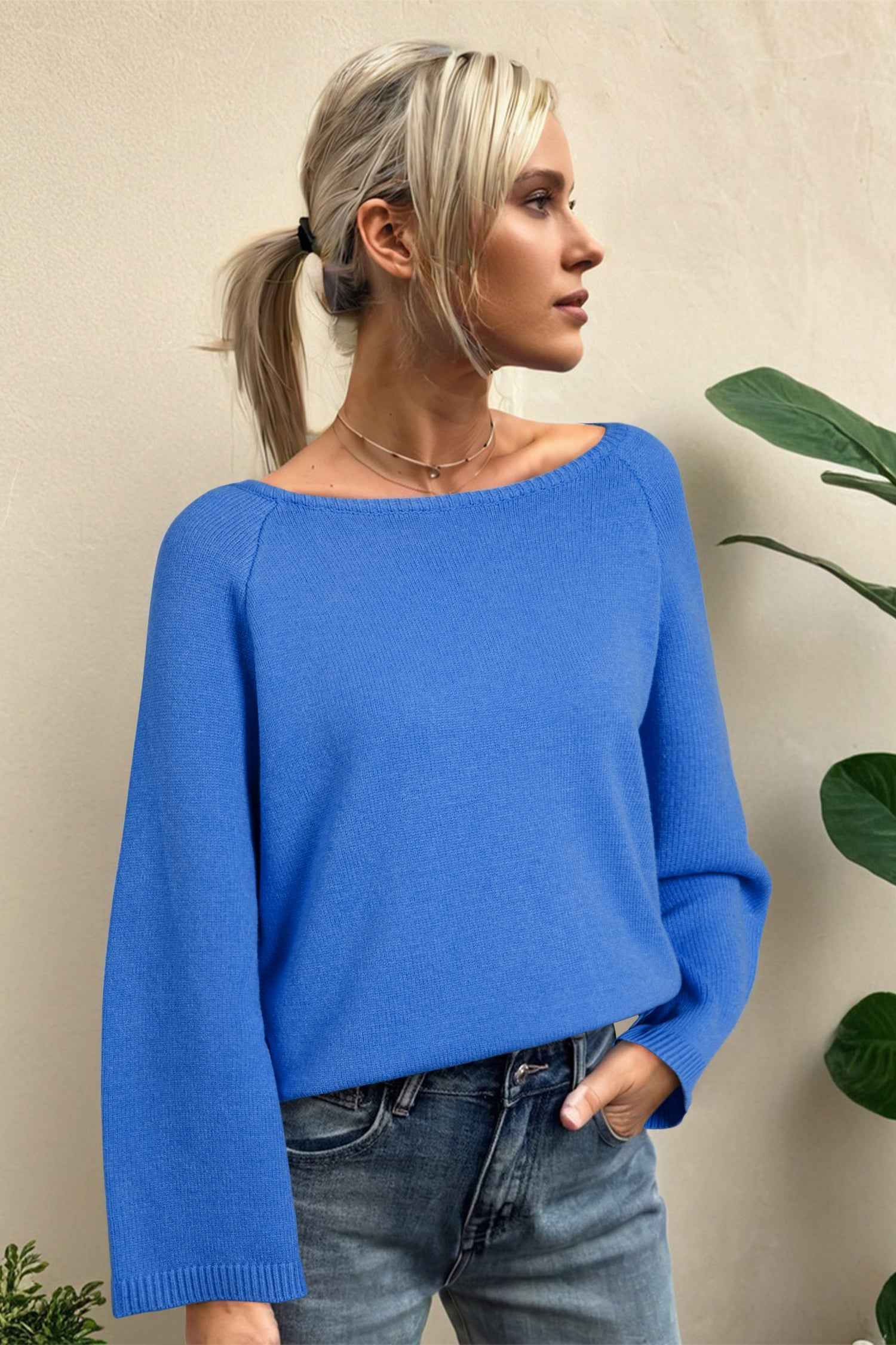White Solid Color Knit Loose Bracelet Sleeve Dolman Sweater