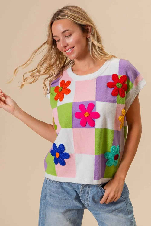 BiBi Flower Patch Checkered Sweater Vest by Be Bliss Boutique