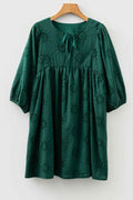 Blackish Green Embroidered Eyelet Pattern 3/4 Puffy Sleeve Swing Mini Dress