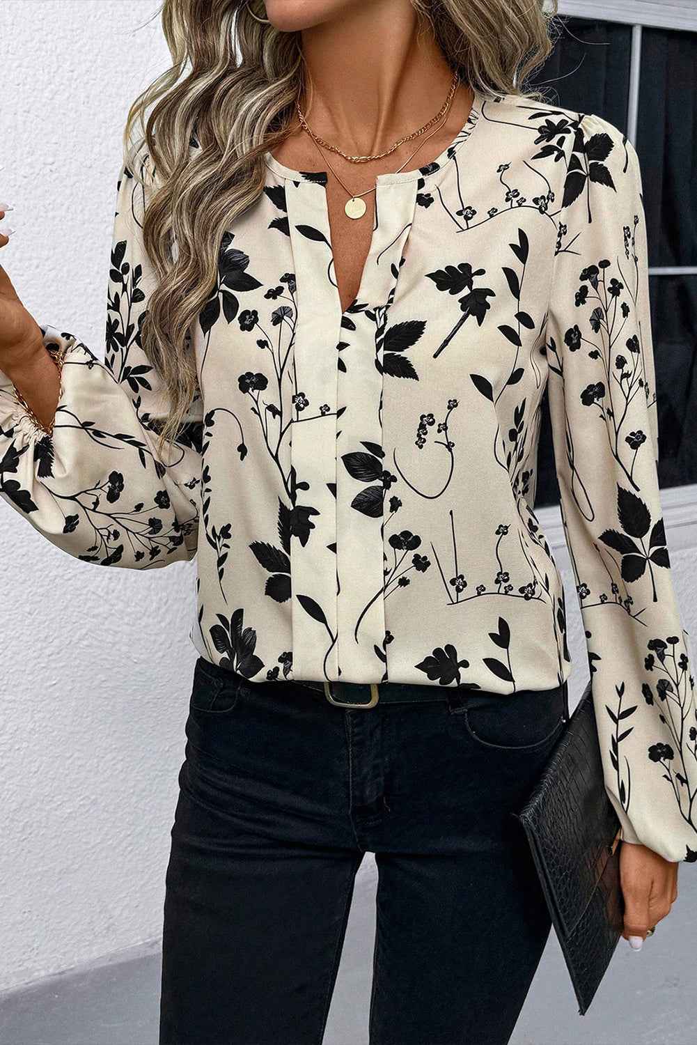 Khaki Botanical Floral Print Split Neck Long Sleeve Blouse