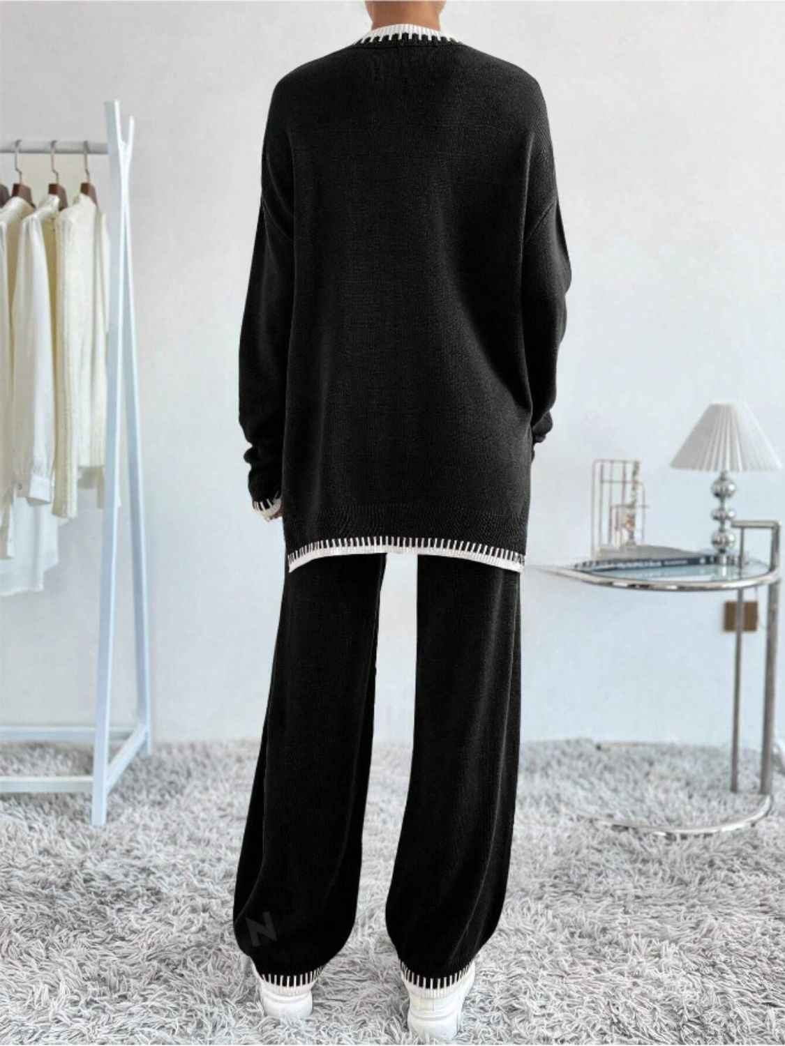 Side Slit Contrast Trim Round Neck Top and Pants Sweater Set