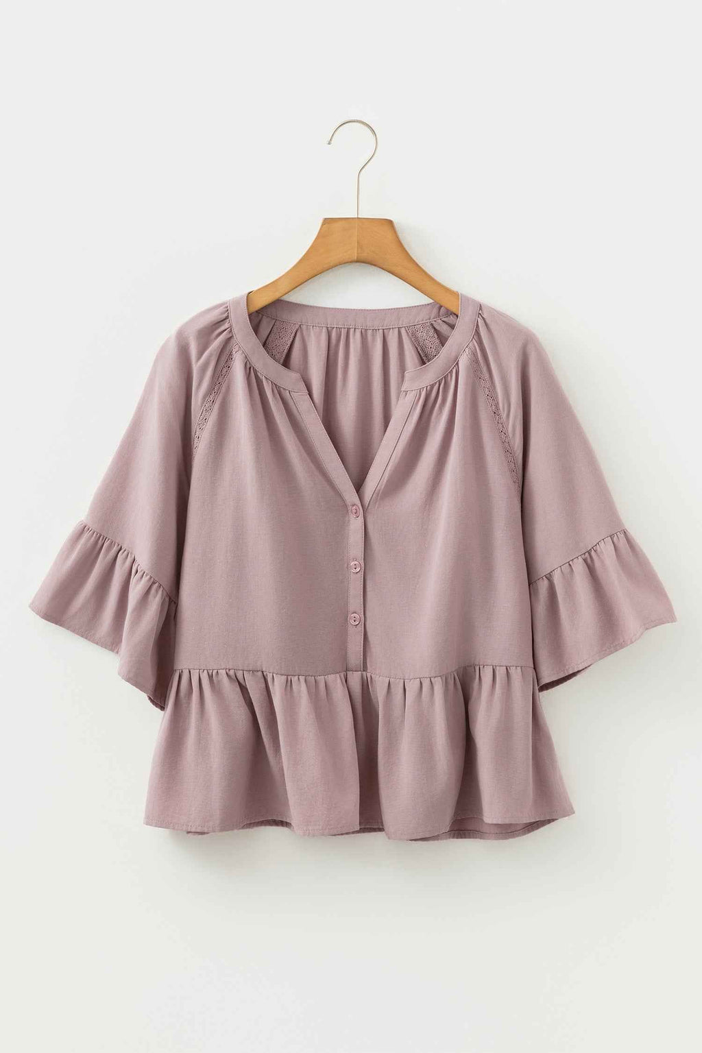 Sepia Rose Slit V Neck Ruffled Loose Blouse