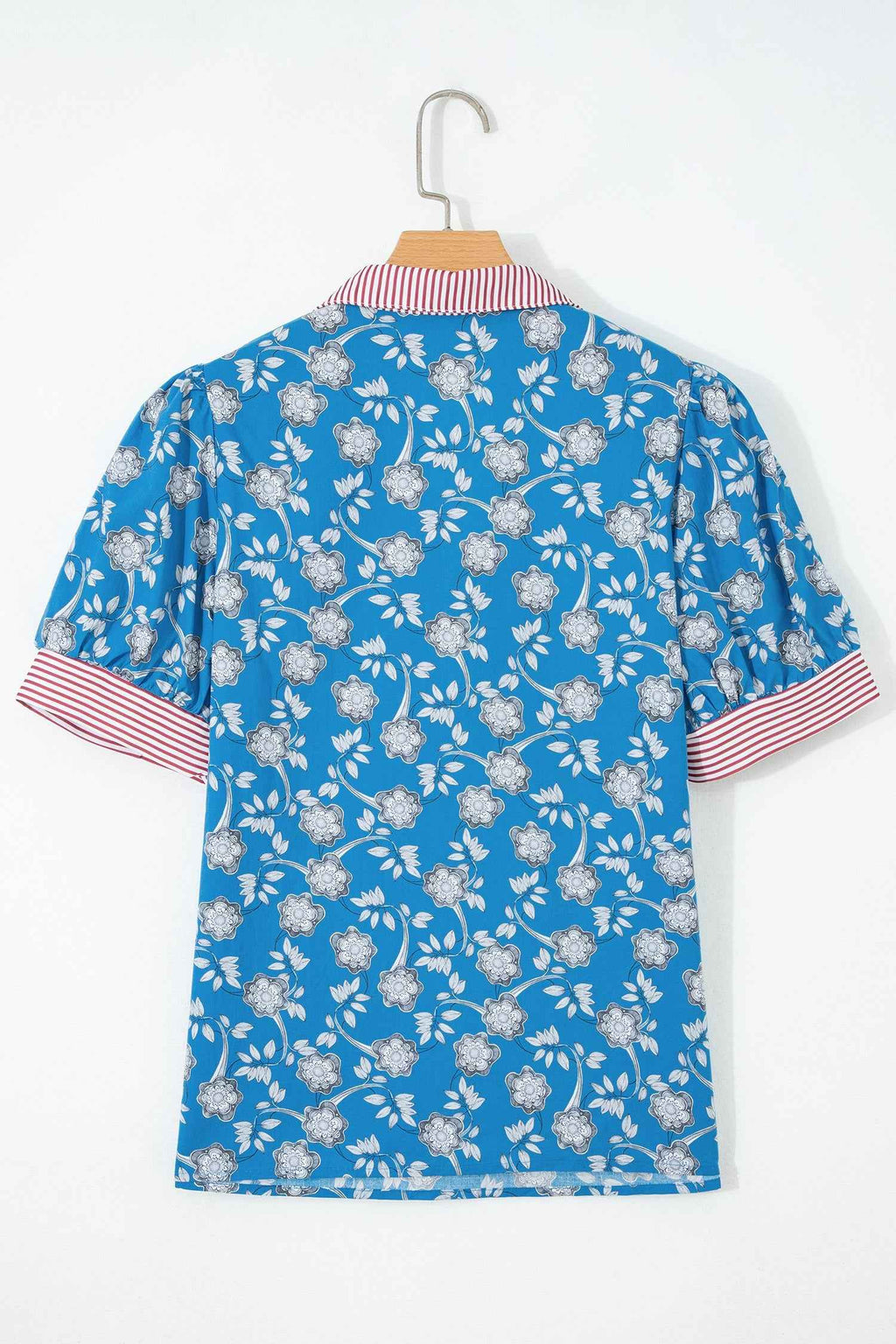 Blue Retro Floral Print Striped Trim Button Neck Short Sleeve Blouse