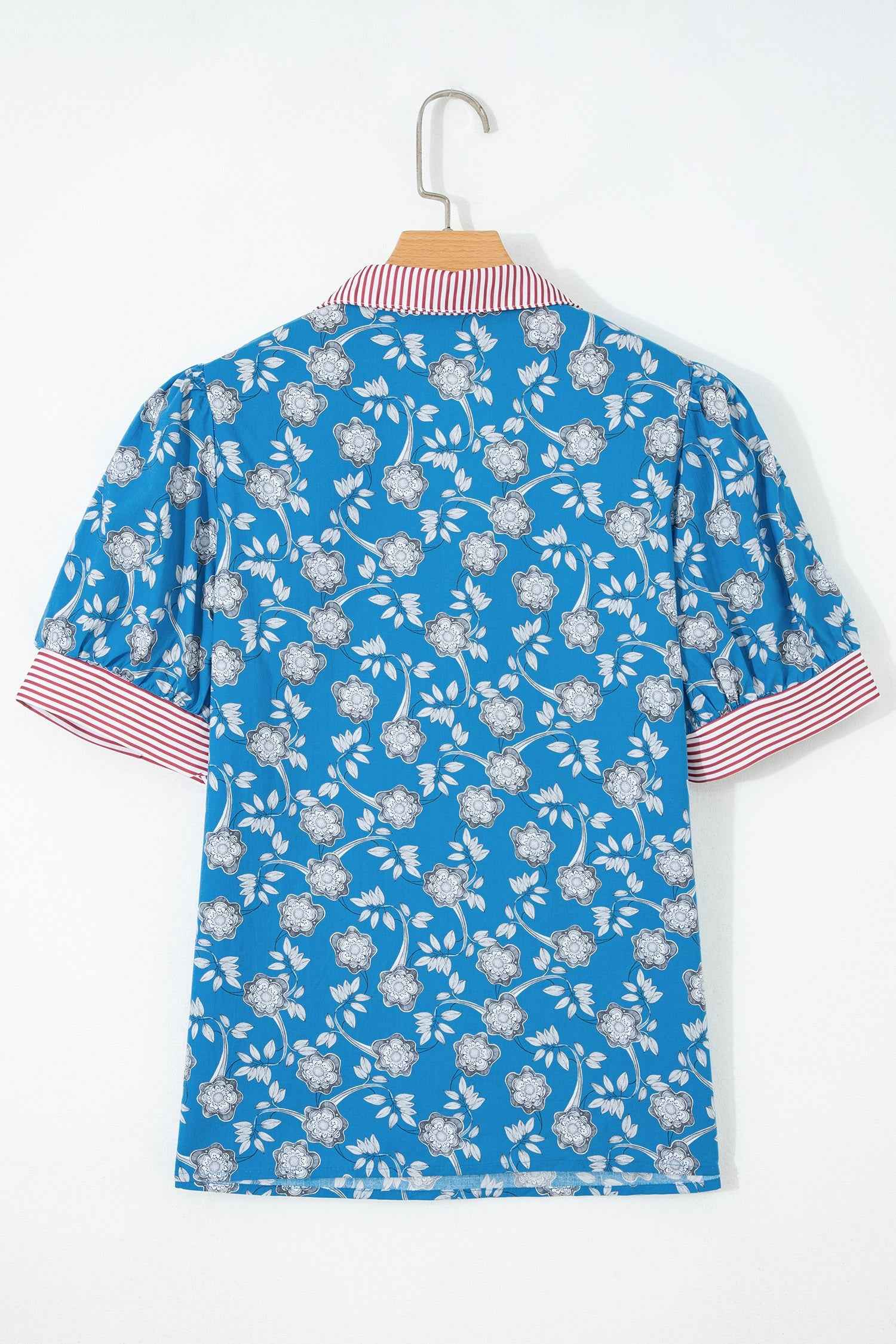 Blue Retro Floral Print Striped Trim Button Neck Short Sleeve Blouse