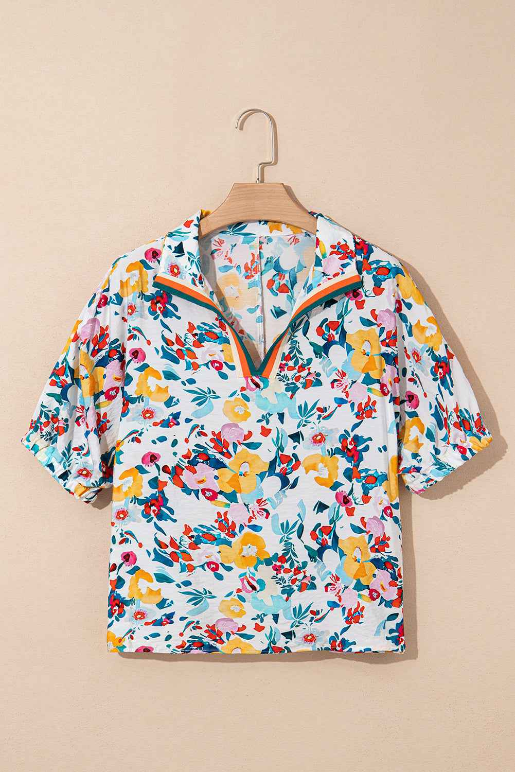 Peacock Blue Floral Print Slit V Neck Short Sleeve Blouse