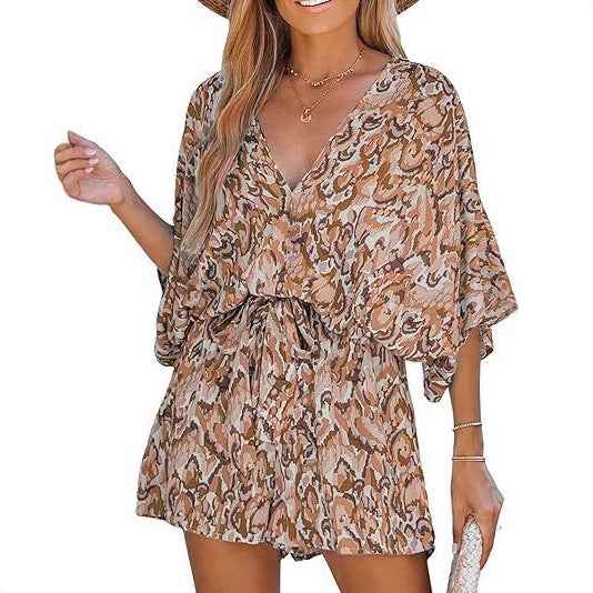 Women's V-neck Printed Lace-up Bat Jumpsuit