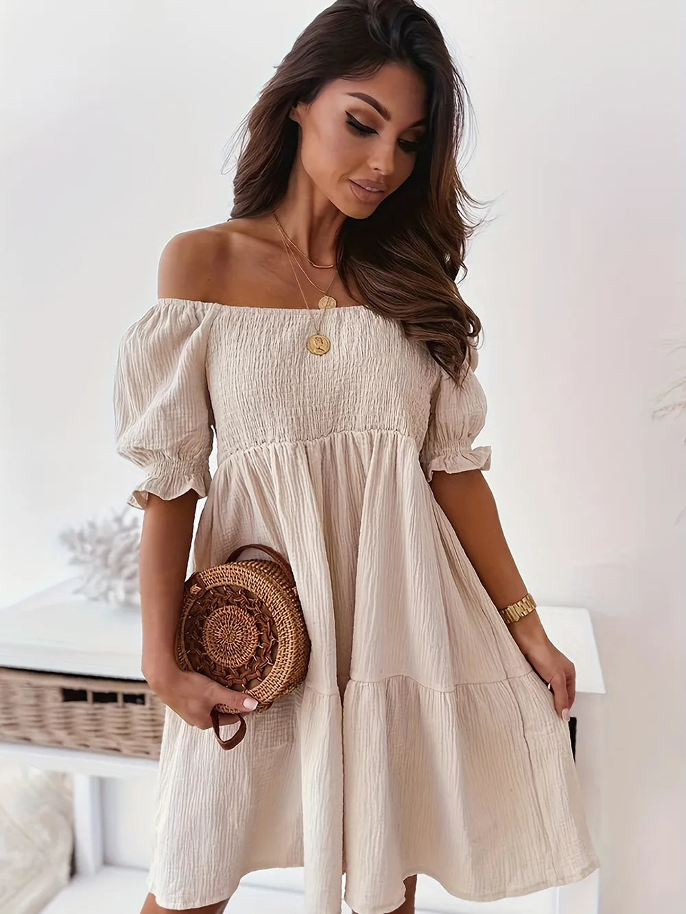 Ruffled Off-Shoulder Short Sleeve Dress by Shopiebay