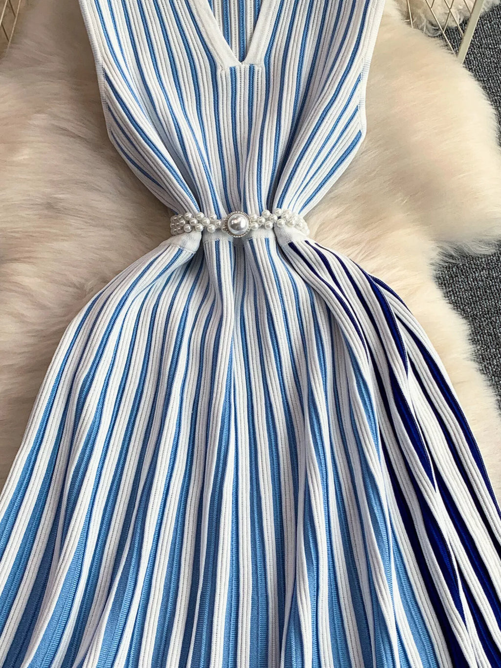Striped Sleeveless Midi Dress by Shopiebay