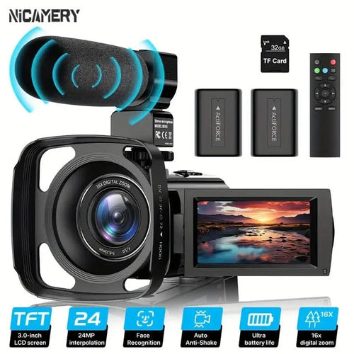 16x Zoom 1080P HD Digital Camera Bundle with 2 Batteries, 32G TF Card, Mic, Hood & Bag by DailySale