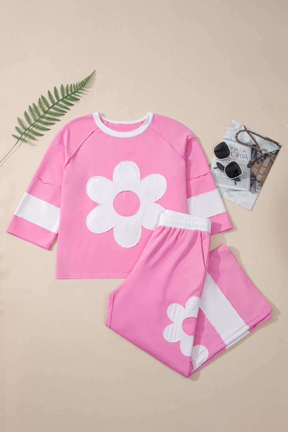 Orchid Bouquet Flower Patched Raw Seam Colorblock Loose Pants Set
