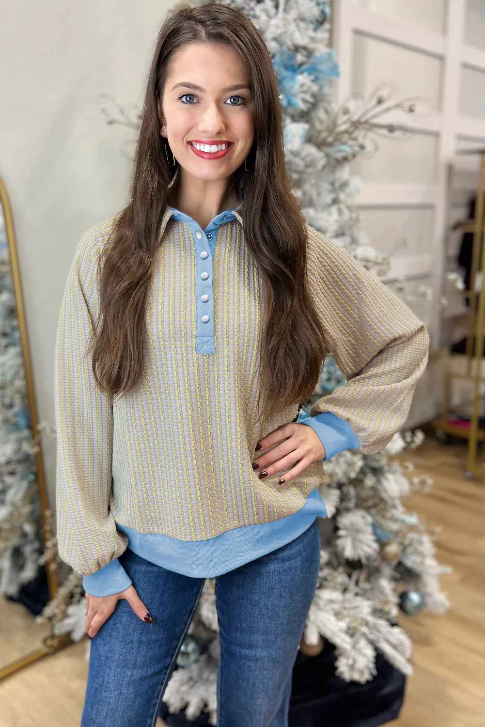 Beau Blue Button Front Jacquard Henley Sweatshirt