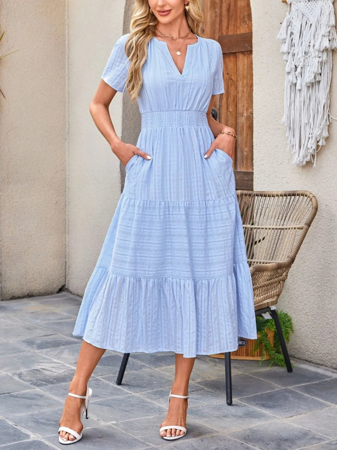 Tiered Notched Short Sleeve Dress by Shopiebay
