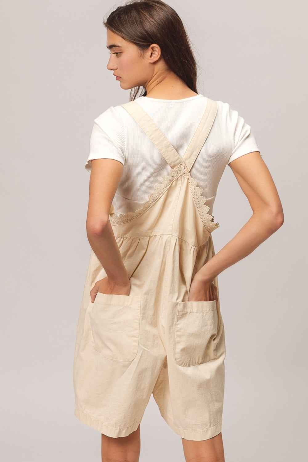 BiBi Back Patch Pocket Lace Trim Rompers