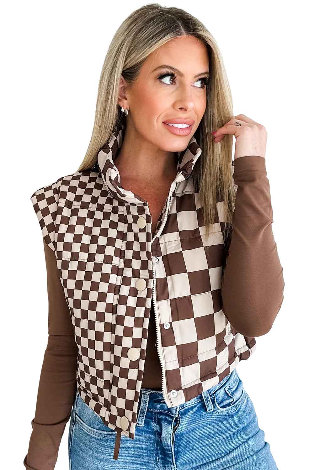 Brown Checkered Stand Collar Cropped Puffer Vest