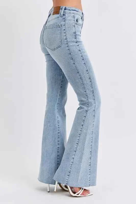 Judy Blue Full Size Mid Rise Rhinestone Side Panel Detail Flare Jeans Plus Size
