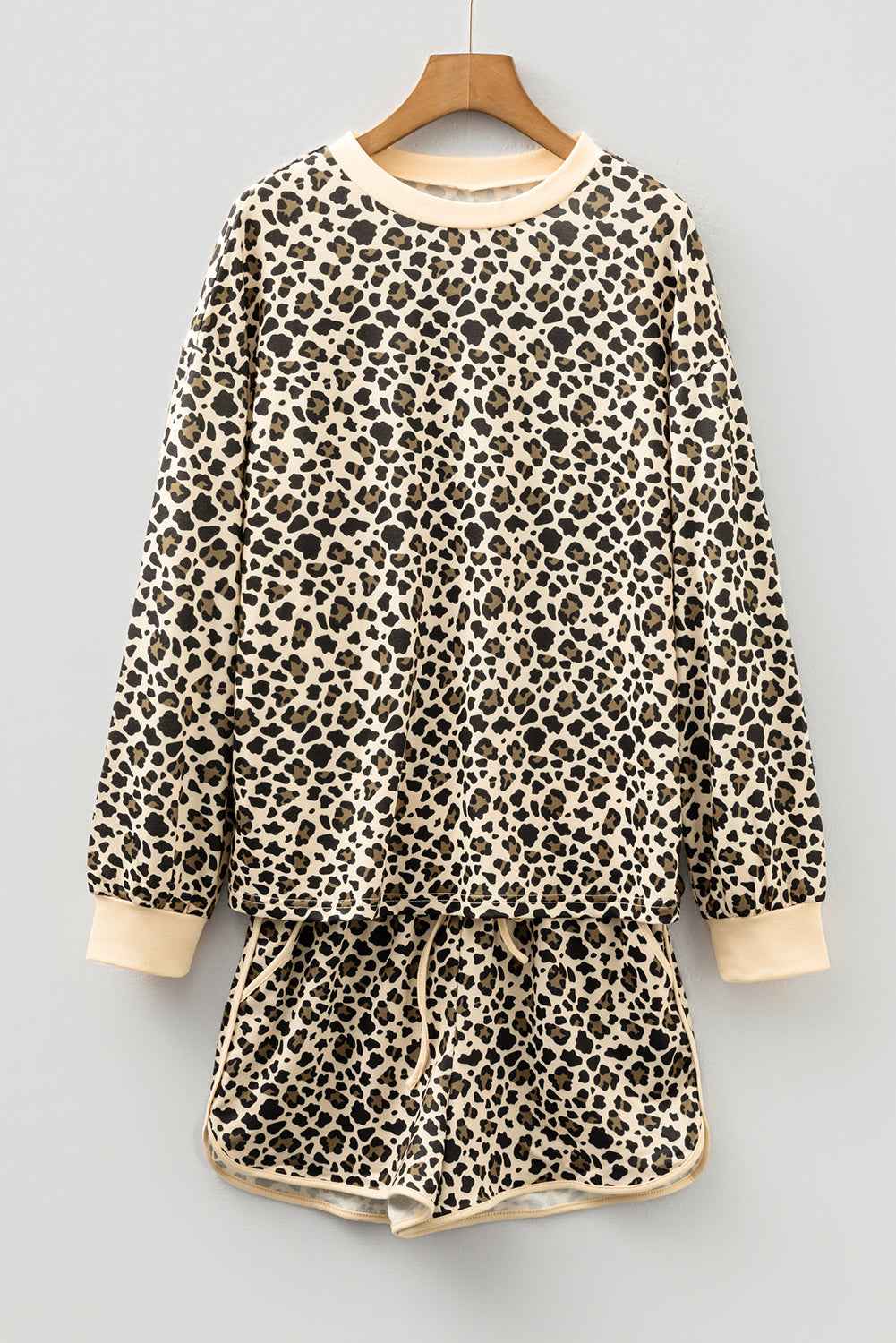 Brown Leopard Print Contrast Trim Long Sleeve Pullover Drawstring Shorts 2pcs Outfit