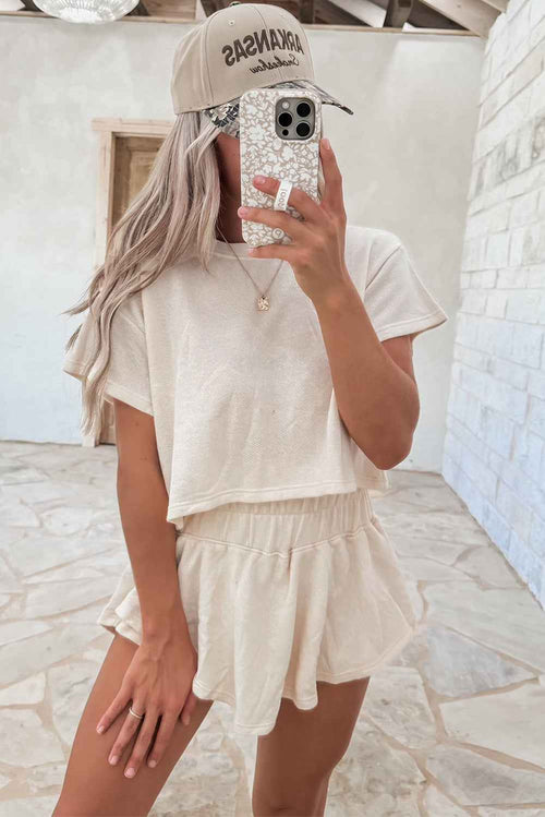 Beige 2pcs Cropped Tee and Ruffle High Waist Skort Set by Wild and Free Boutique