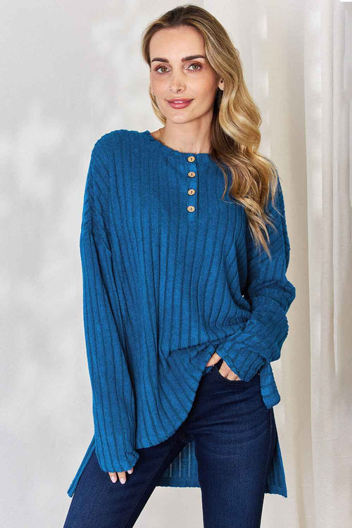 Basic Bae Full Size Ribbed Half Button Long Sleeve High-Low T-Shirt by Wild and Free Boutique