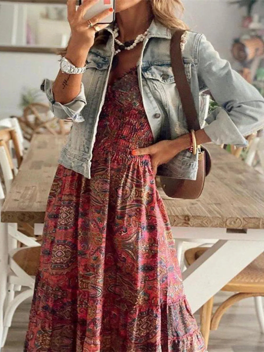 Smocked Printed V-Neck Short Sleeve Dress by Shopiebay