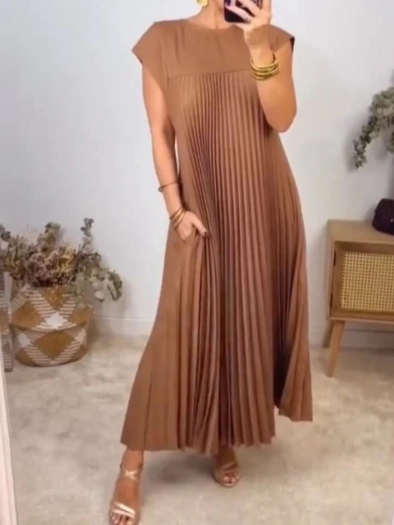 Pleated Round Neck Maxi Dress by Shopiebay