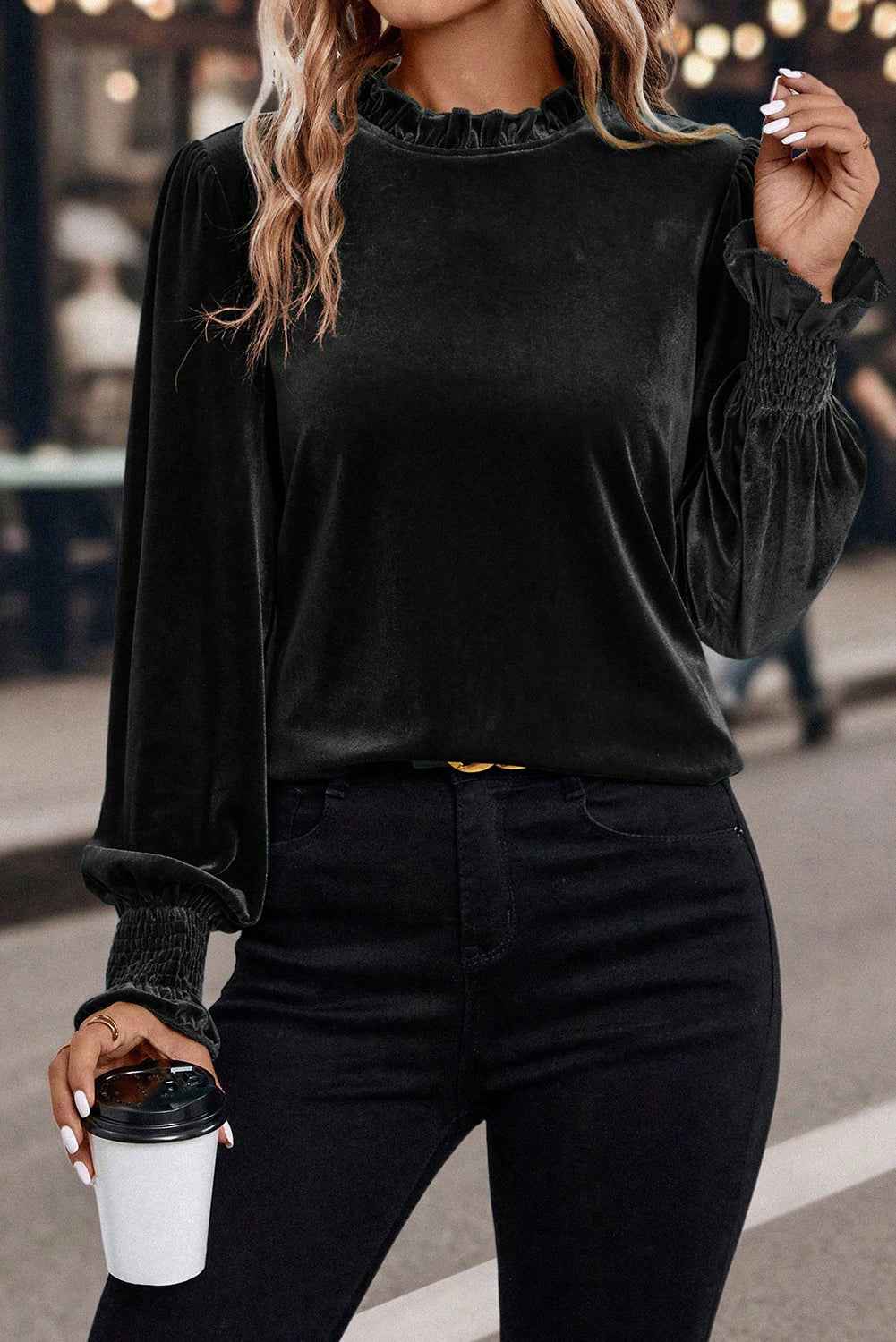 Black Frilled Collared Smocked Cuffs Puff Sleeve Velvet Blouse