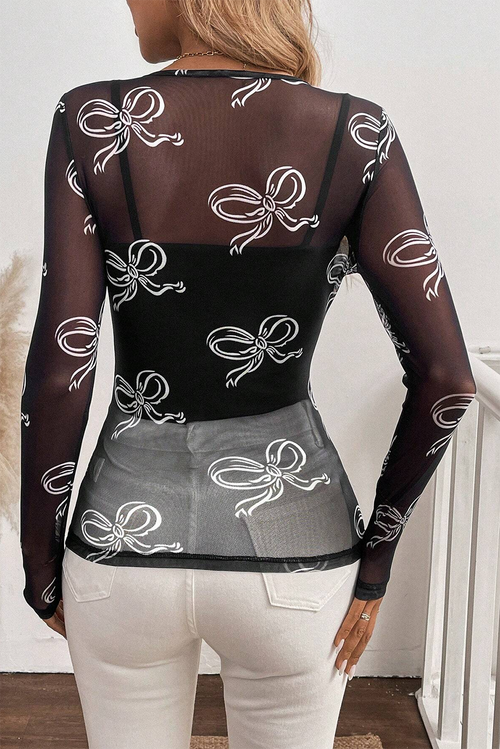 Black Bow Print Long Sleeve Mesh Top by Wild and Free Boutique