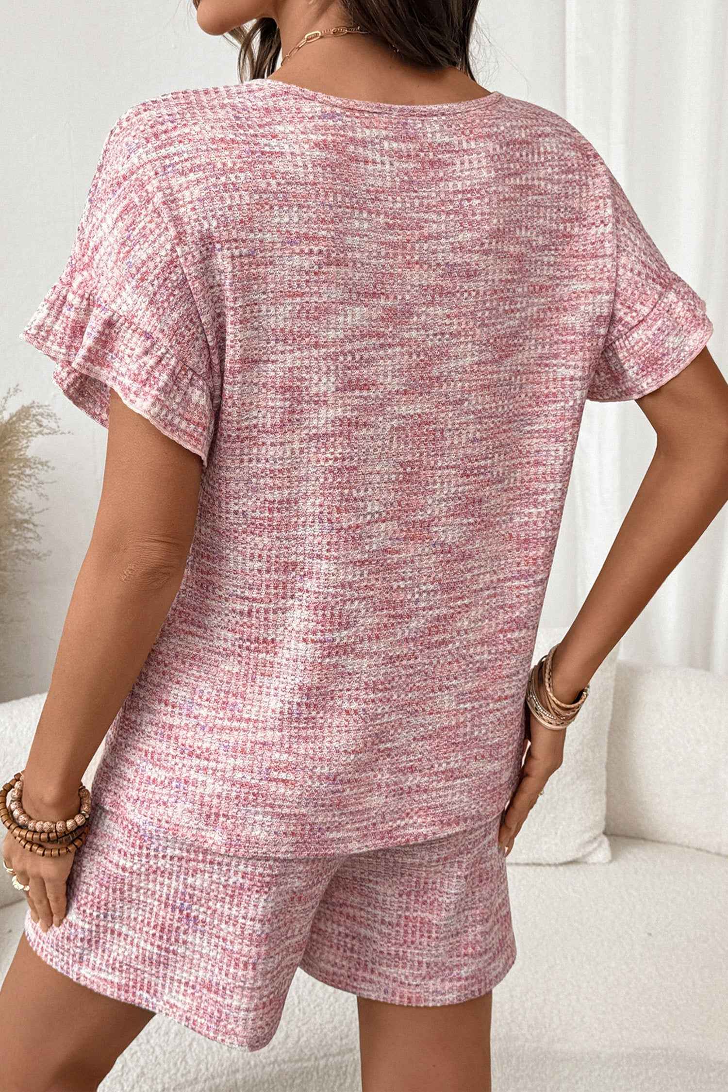 Light Pink Heather Textured Ruffle Sleeve Top and Drawstring Shorts Set