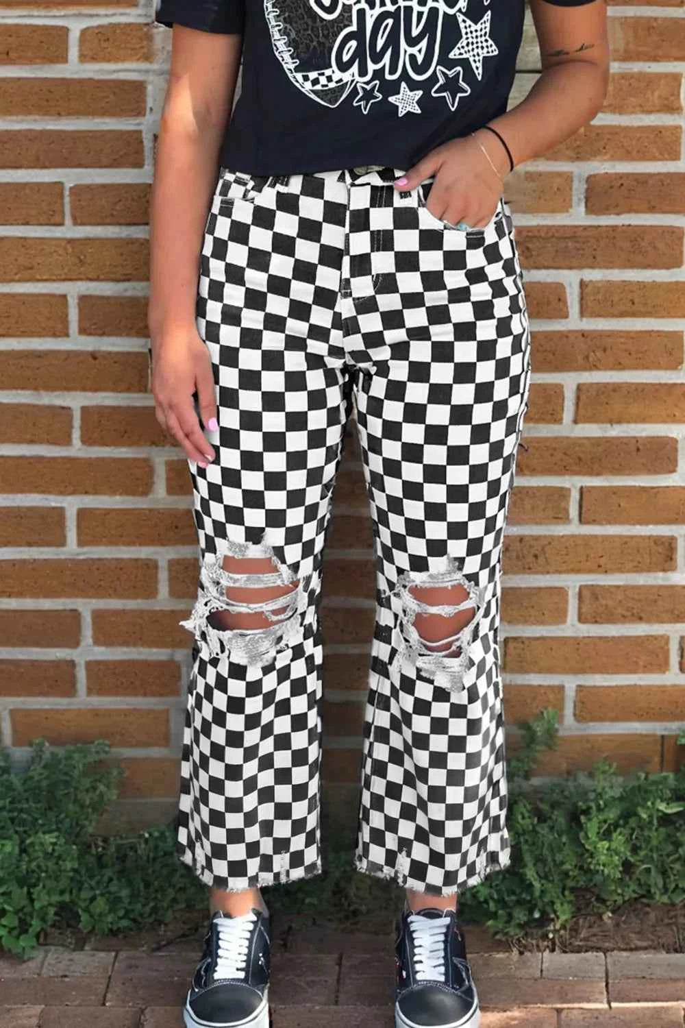 Checkerboard Print Distressed Holes Raw Edge Cropped Jeans