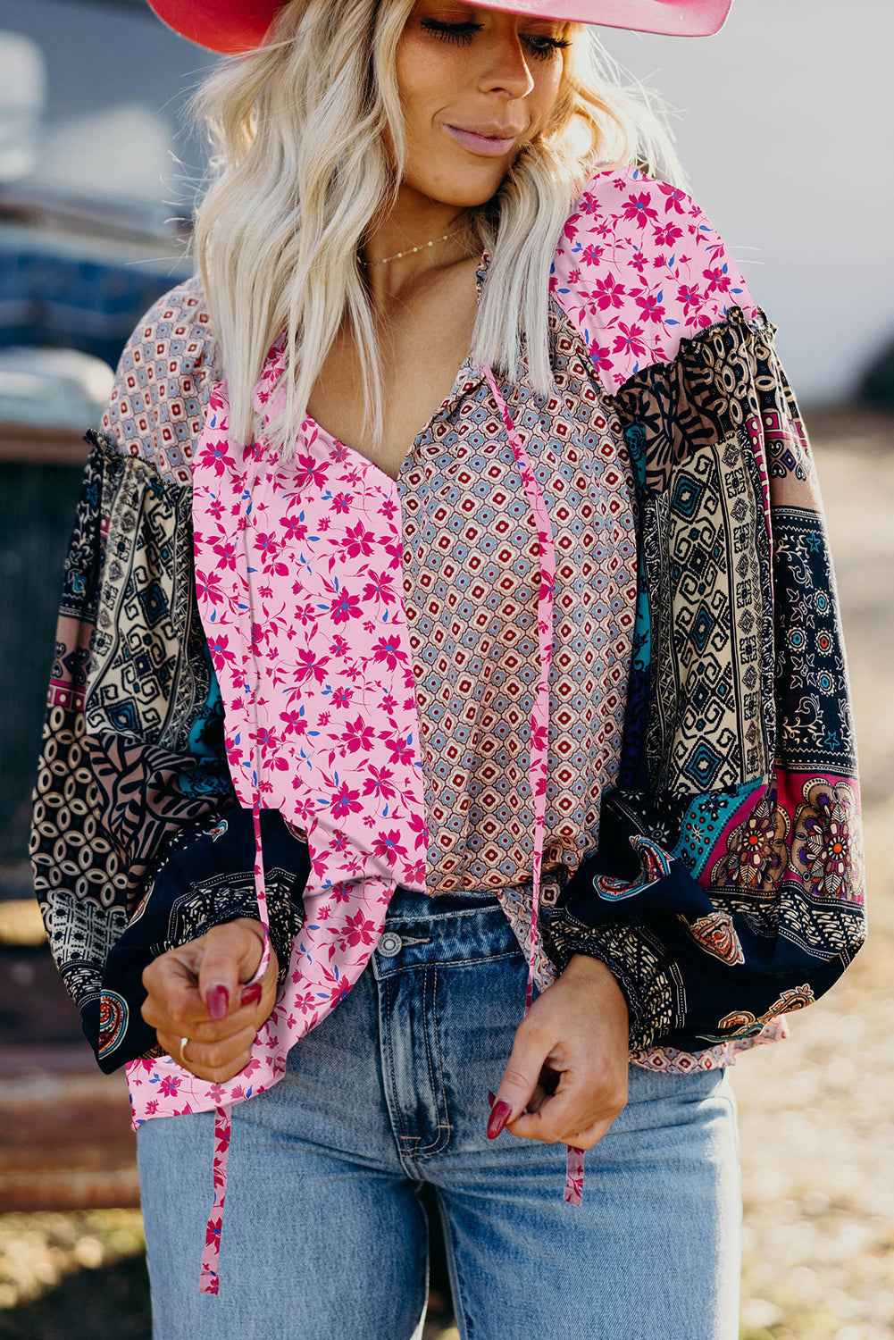 Pink Boho Mixed Floral Drop Shoulder Bubble Sleeve Blouse